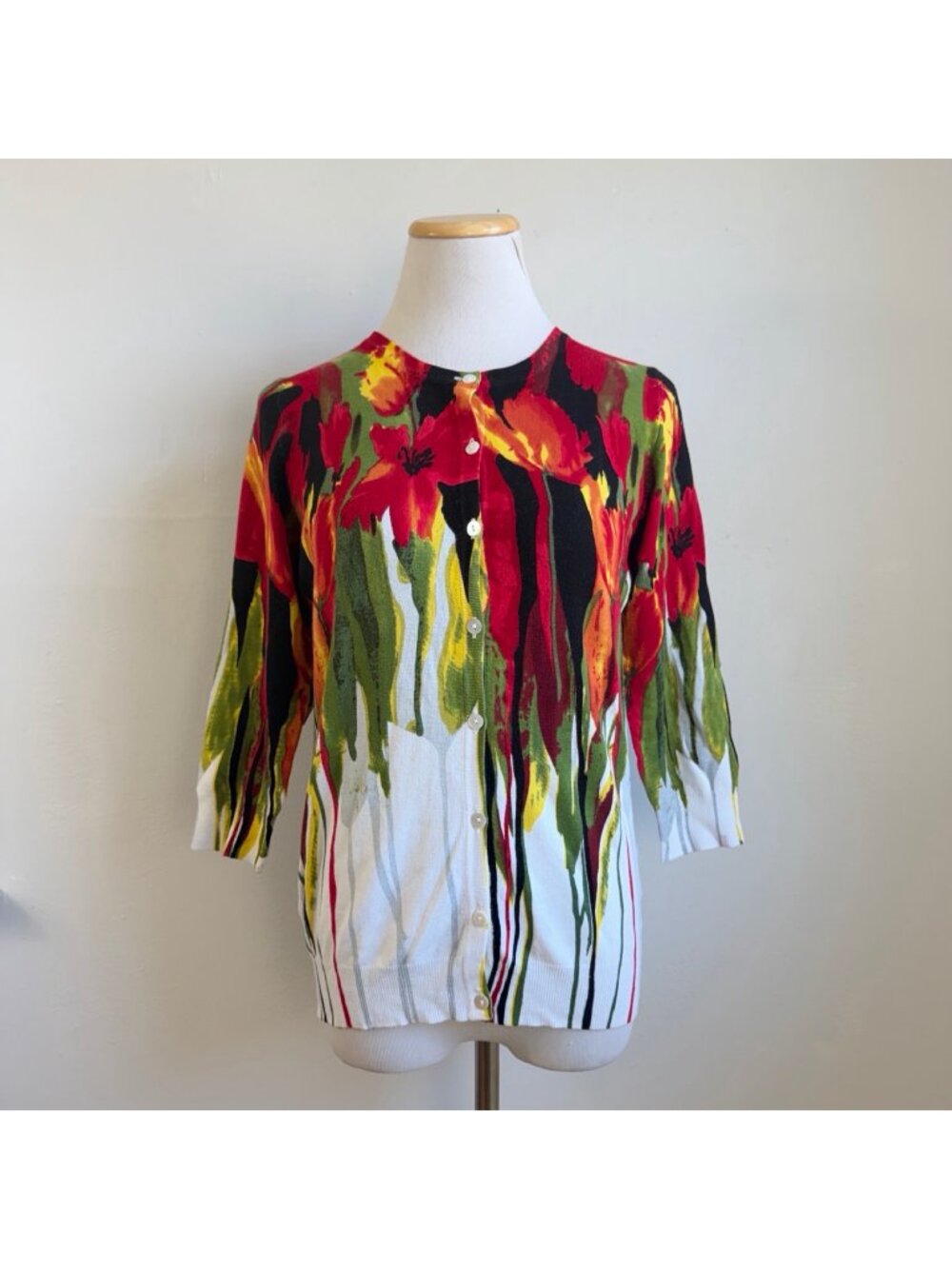 Joseph A Cardigan Sweater Size Small Knit Watercolor Floral Print 3/4 Sleeves